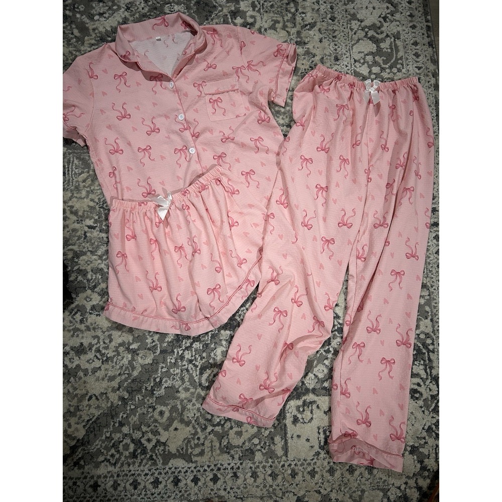 Women's 3 Piece Pink Bow Pajama Set Size Large